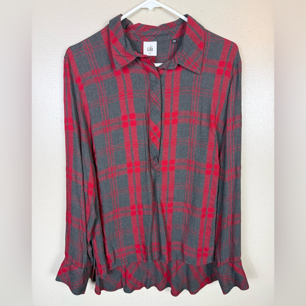 Cabi Popover Tunic Blouse Cunningham Plaid Style 3587 Red Gray Business‎ Casual